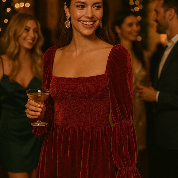 Reformation Dress Albi Velvet Smocked Mini Red/Burgundy Holiday Festive SZ XL - Picture 1 of 10